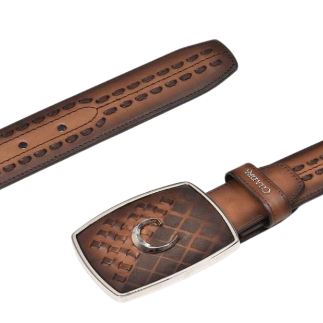 Cuadra Men's Laser & Woven Honey Brown Leather Belt