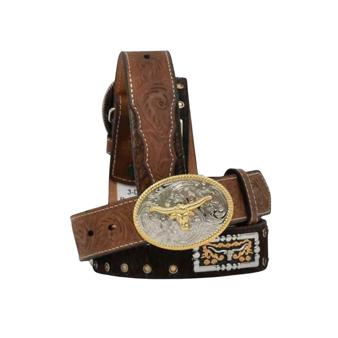 3D Youth Boy's Calf Hair Longhorn Concho Brown Belt