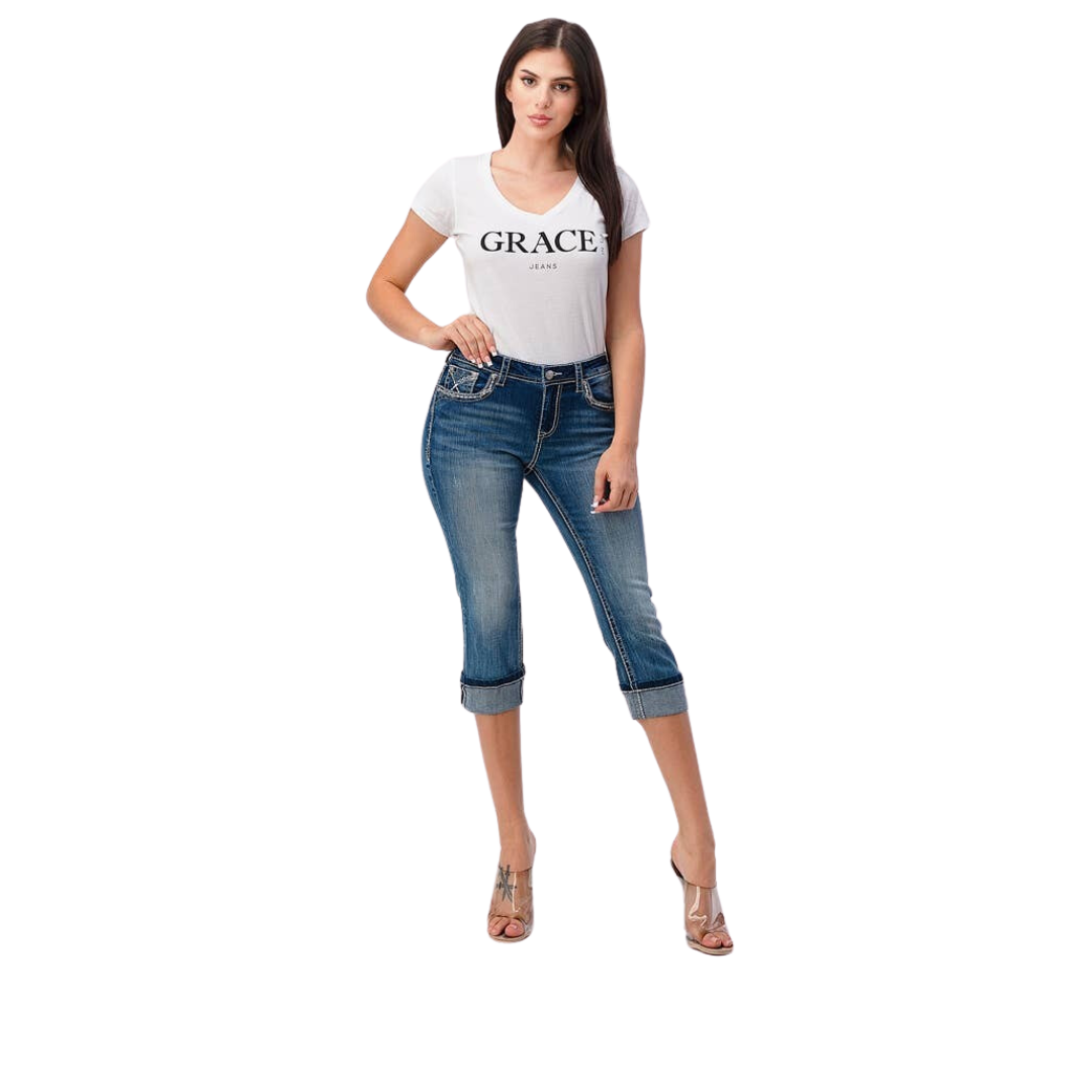 Grace Women's X Embroidery Capri Jeans