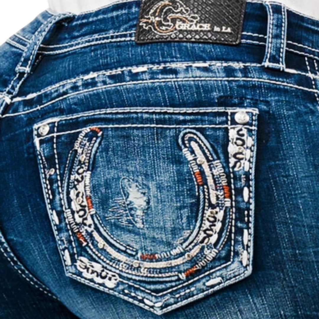 Grace Women's Wholesale Horseshoe Embroidery Blue Jeans