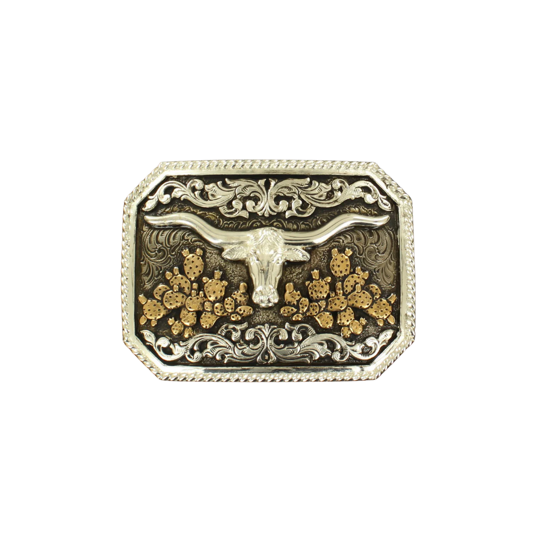 Crumrine Men's Rectangle Longhorn Gold Cactus Yellow Buckle