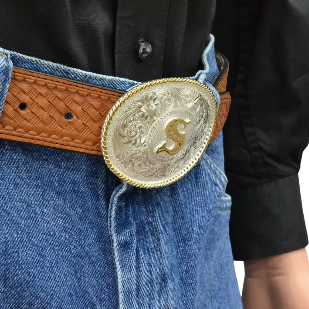 Montana silversmiths Men's Initial S Silver Engraved Trim Belt Gold Buckle