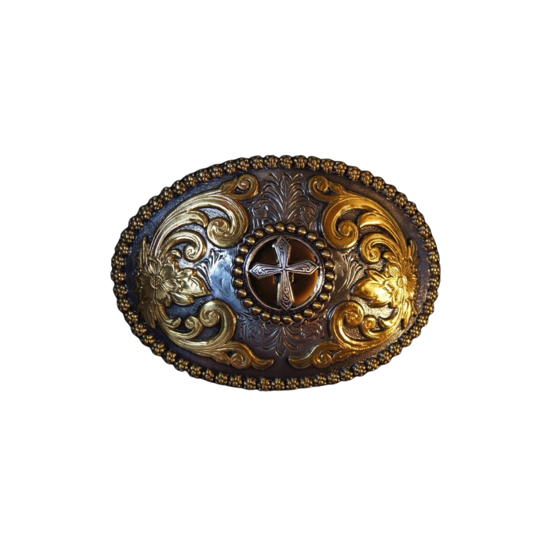 Nocona Men's Silver and Gold Cross Large Oval Yellow Buckle