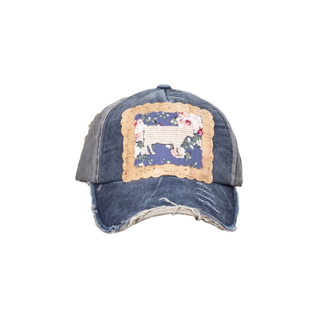 Southern Grace Women's Striped Glitter Steer Floral Blue Cap