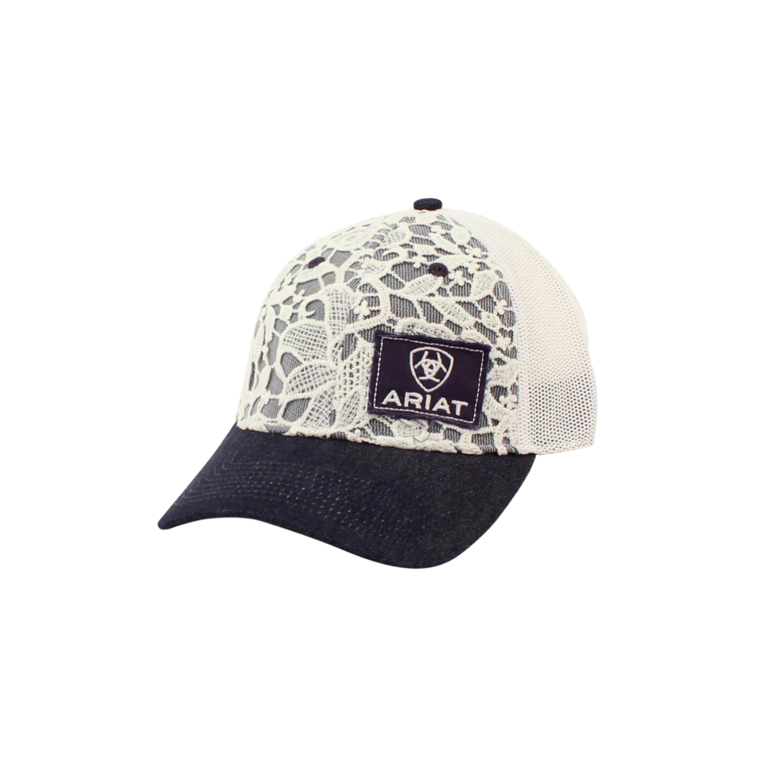 Ariat Women's Denim Ivory Lace and Mesh Logo White Cap