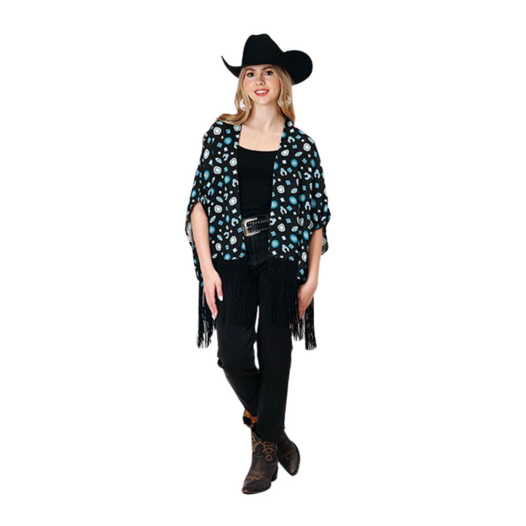 Roper Women's Print Woven Fringe Black Cardigan