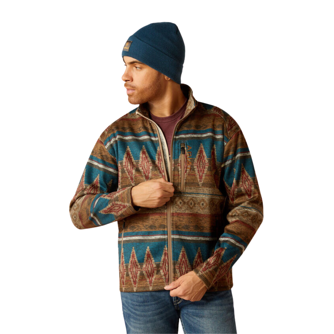 Ariat Men's Caldwell Full Zip Oxford Tan Southwest Print Sweater