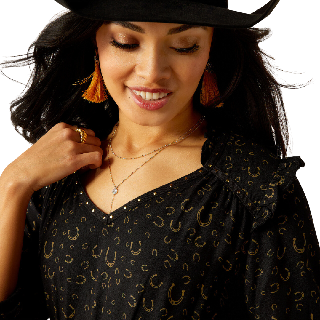 Ariat Women's Blinged Out Golden Horseshoes Print Dress
