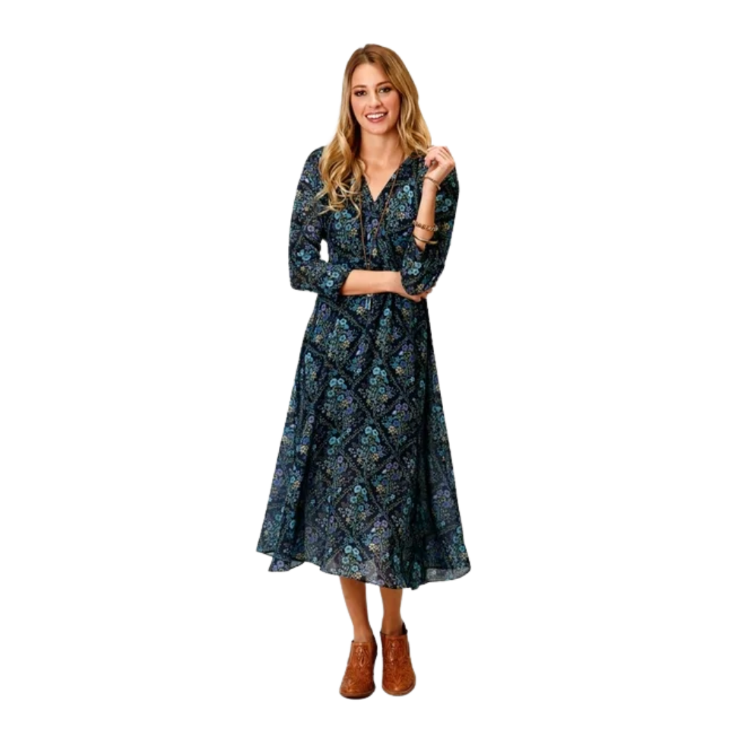 Roper Women's Western Floral Diamonds Blue Dress