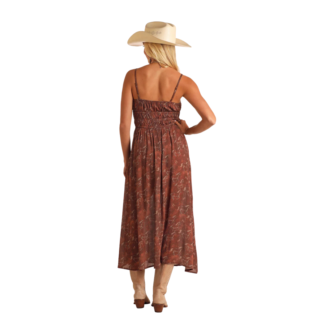 Panhandle Women's Horse Print Midi Brown Dress