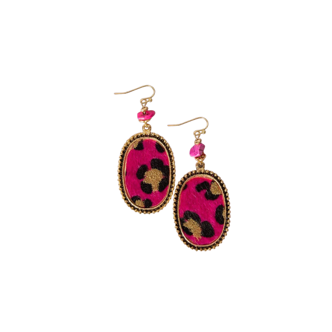 Southern Grace Women's Leopard Furry Oval Fuchsia Earrings