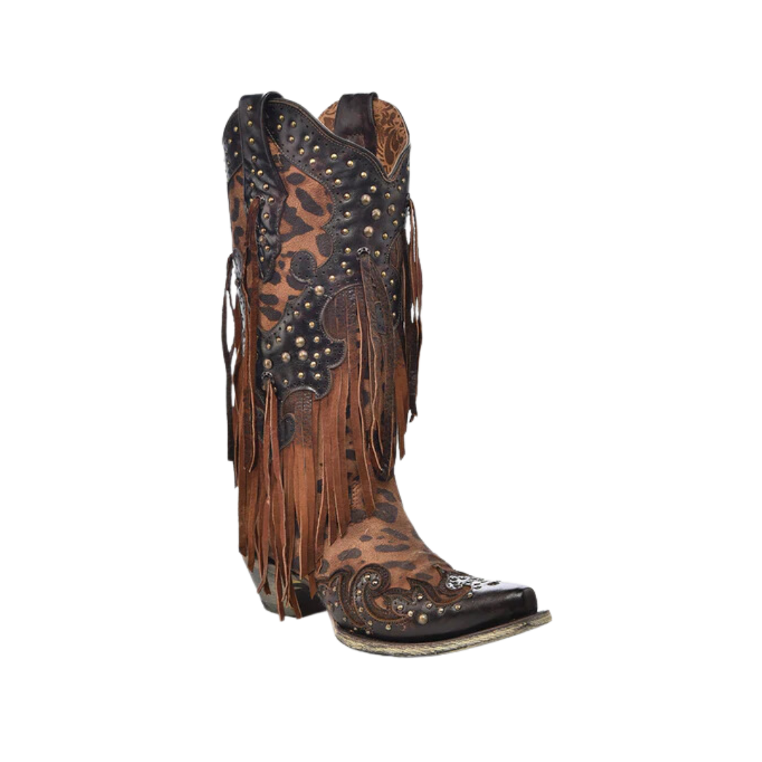 Corral Women's Leopard Print With Fringe And Studs Snip Toe Cowboy Brown Boot