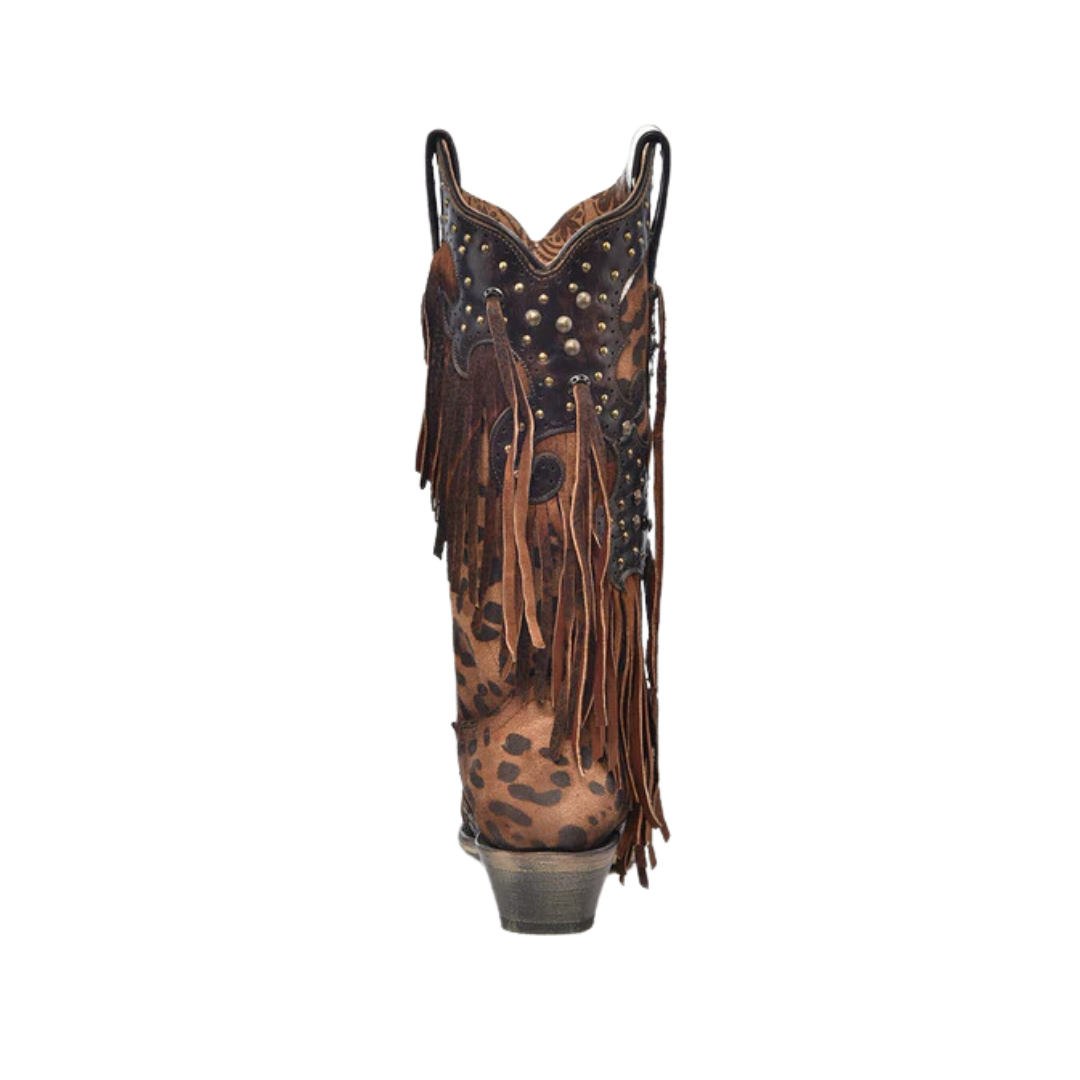 Corral Women's Leopard Print With Fringe And Studs Snip Toe Cowboy Brown Boot