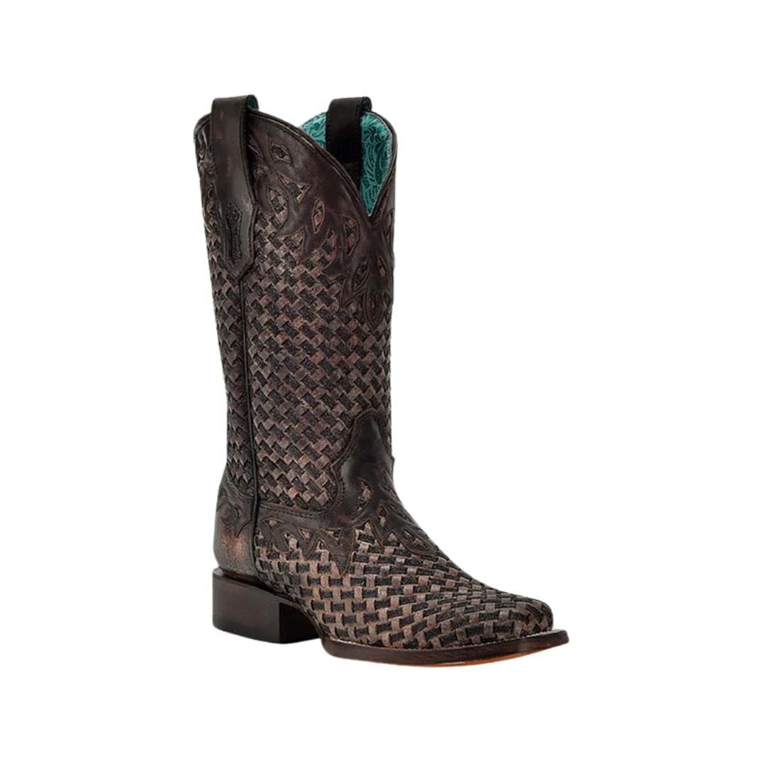 Corral Women's Cowboy Glitter Woven Overlay Square Toe Chocolate Boot