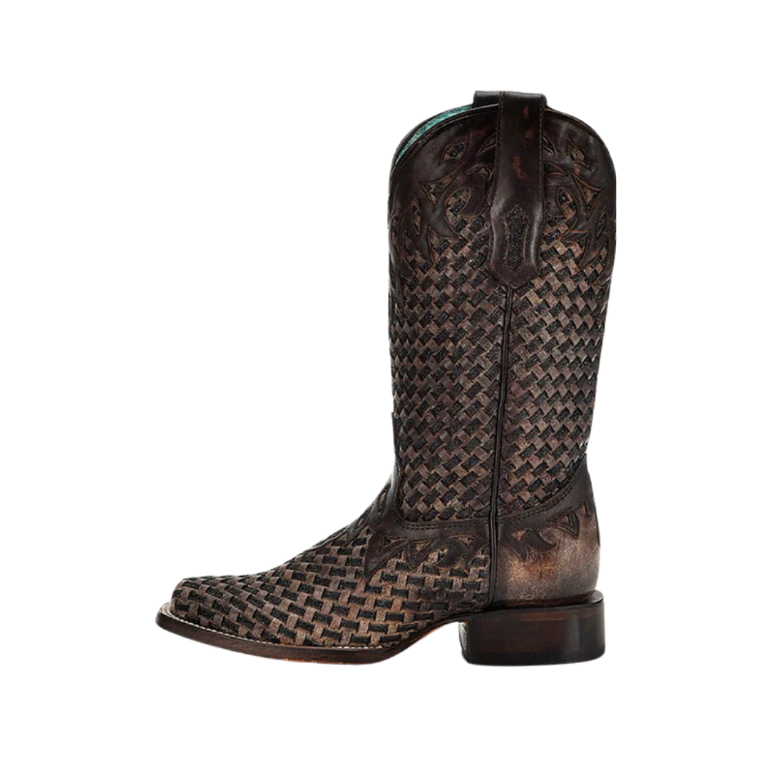 Corral Women's Cowboy Glitter Woven Overlay Square Toe Chocolate Boot