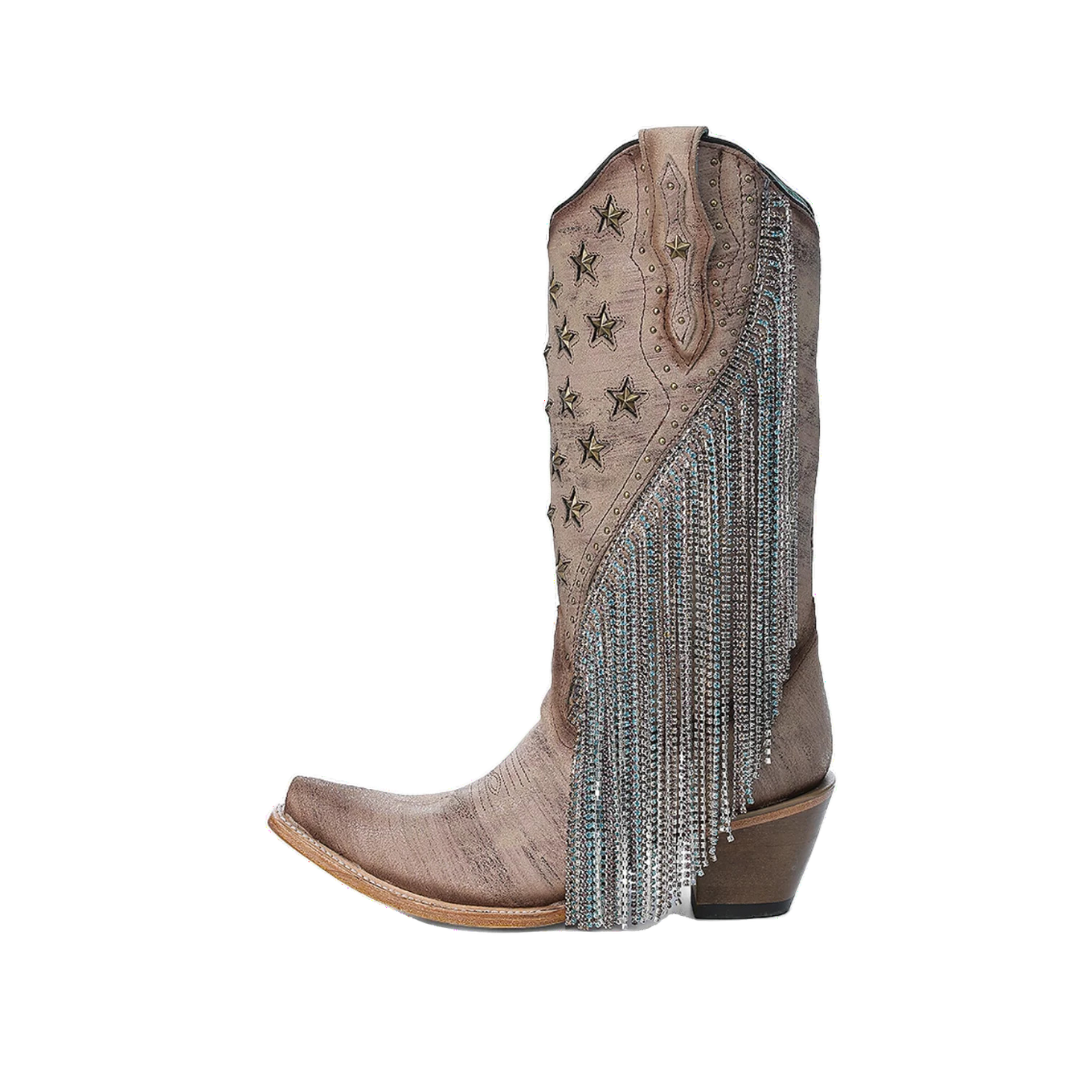 Corral Women's Embroidery Star Stud Fringe Brown Boots