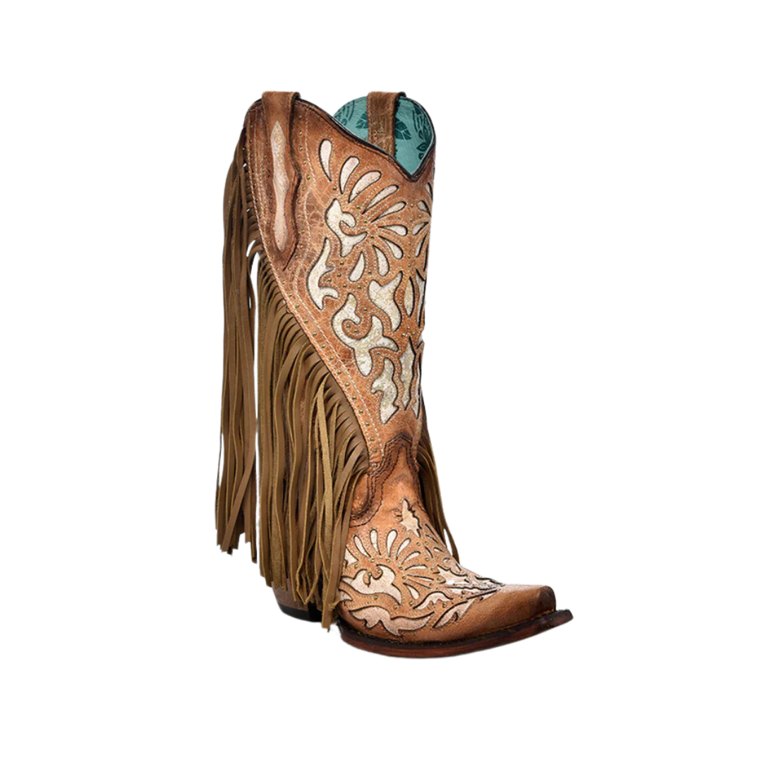 Corral Women's White Inlay Lamb Fringe Sandle Boots