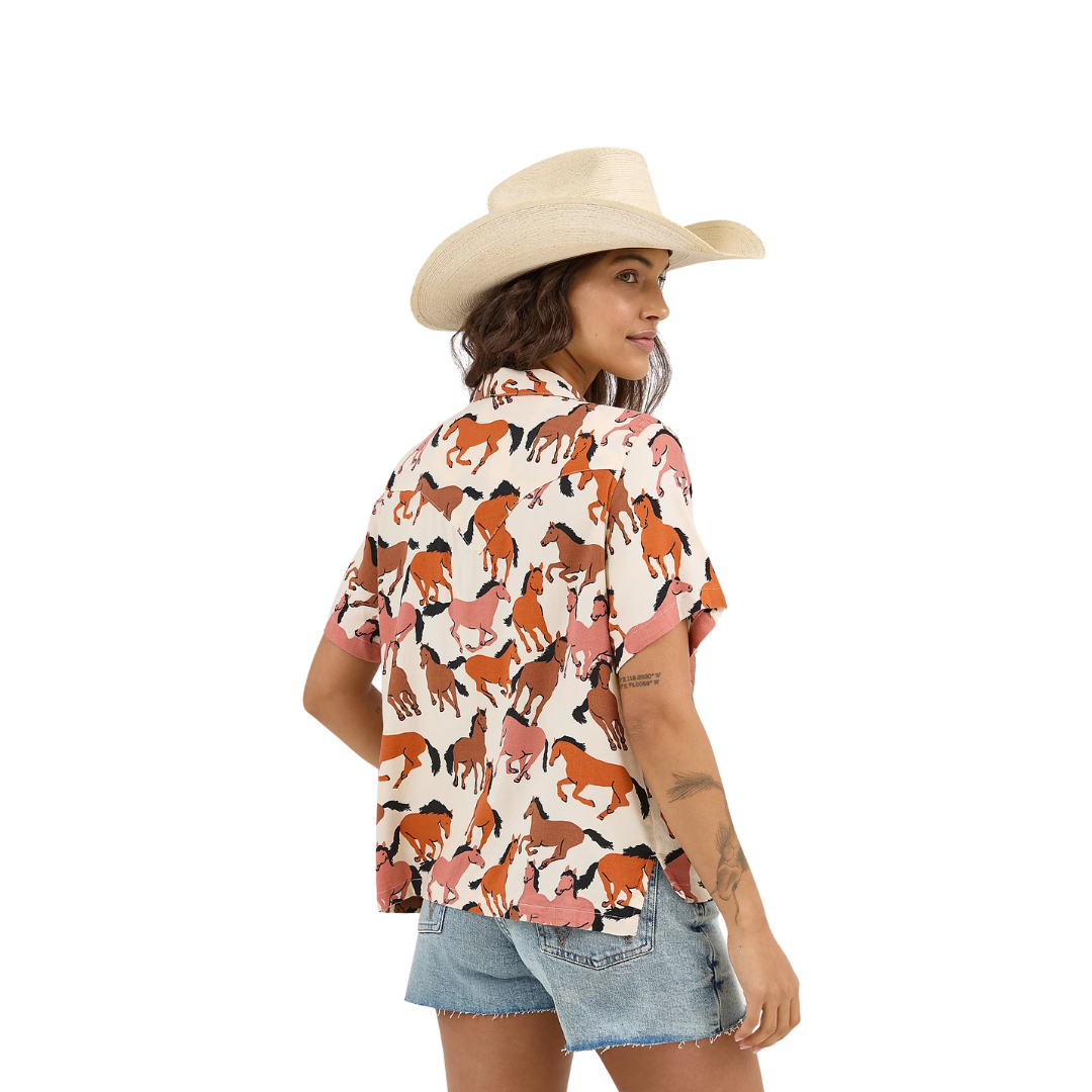 Wrangler Women's Retro Cowgirl Camp Orange Horses Shirt