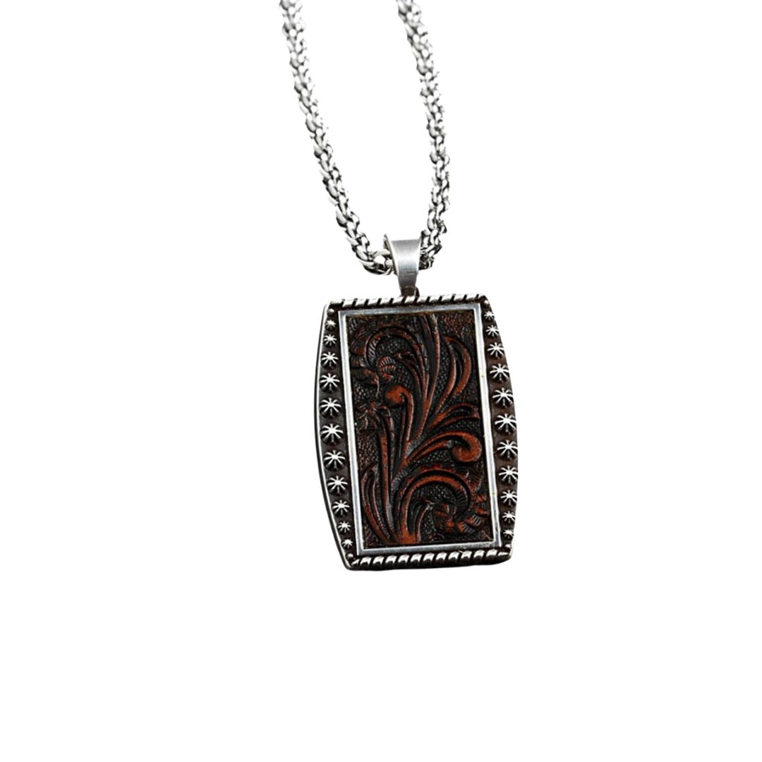 M&F Men's Scroll Embossed Pendant Brown Necklace