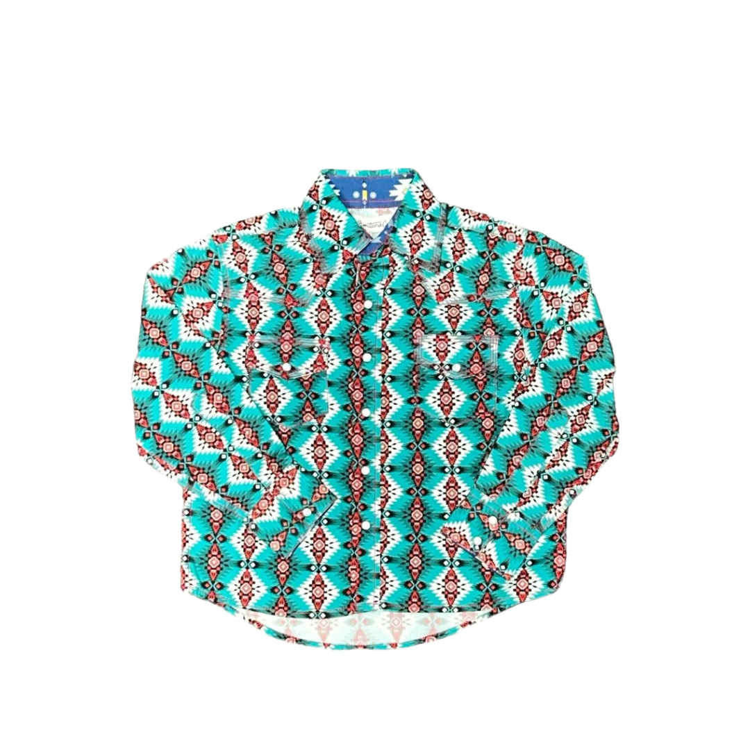 Montana Co Youth Boy's Aztec Print Green Shirt