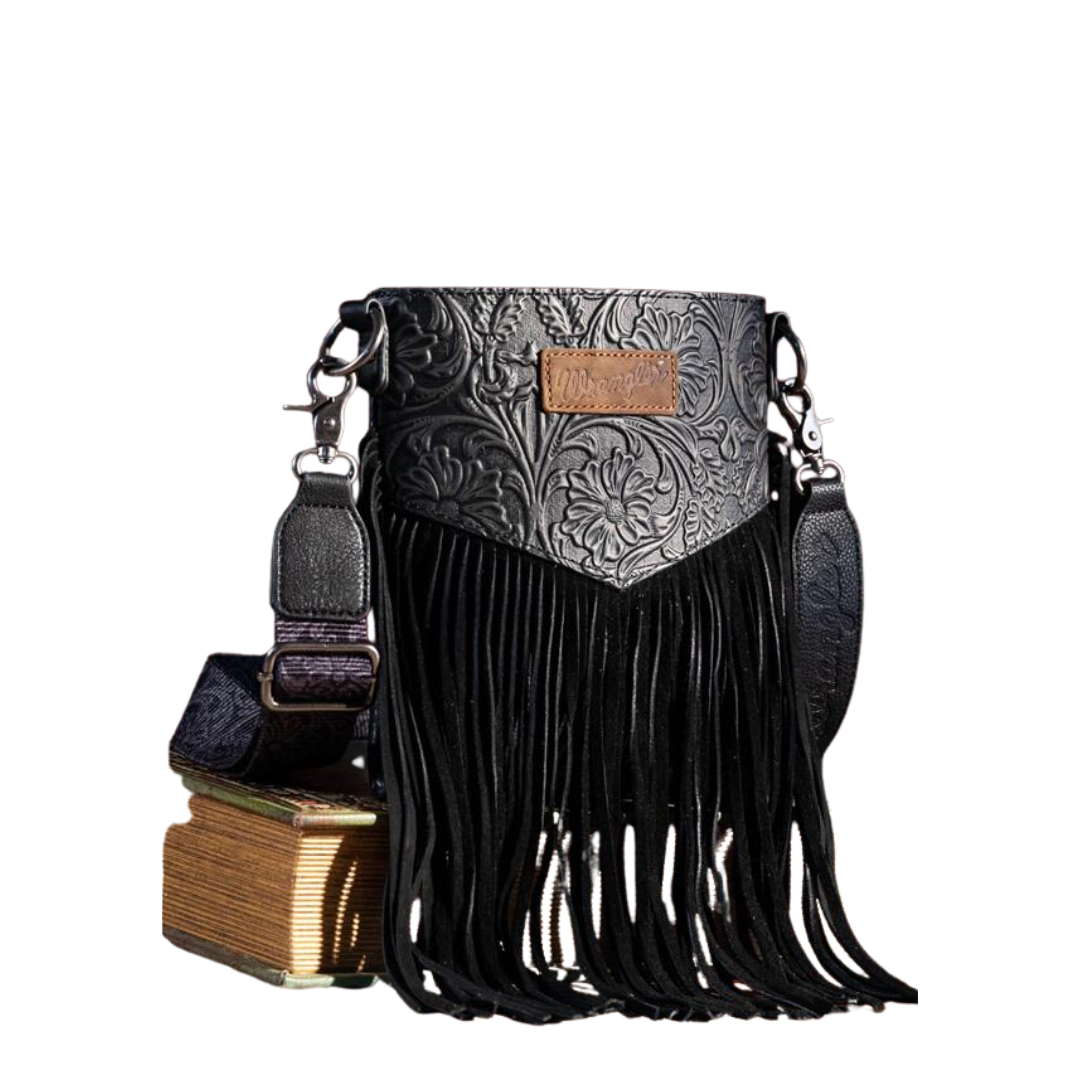 Wrangler Women's Vintage Floral Fringe Black Crossbody