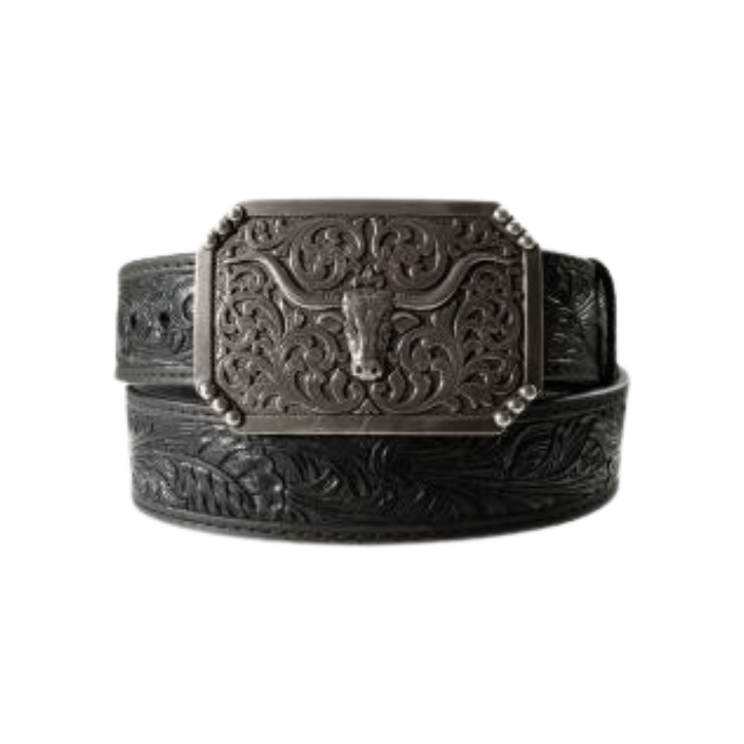 3D Men's Floral Embossed Long Horn Black Belt