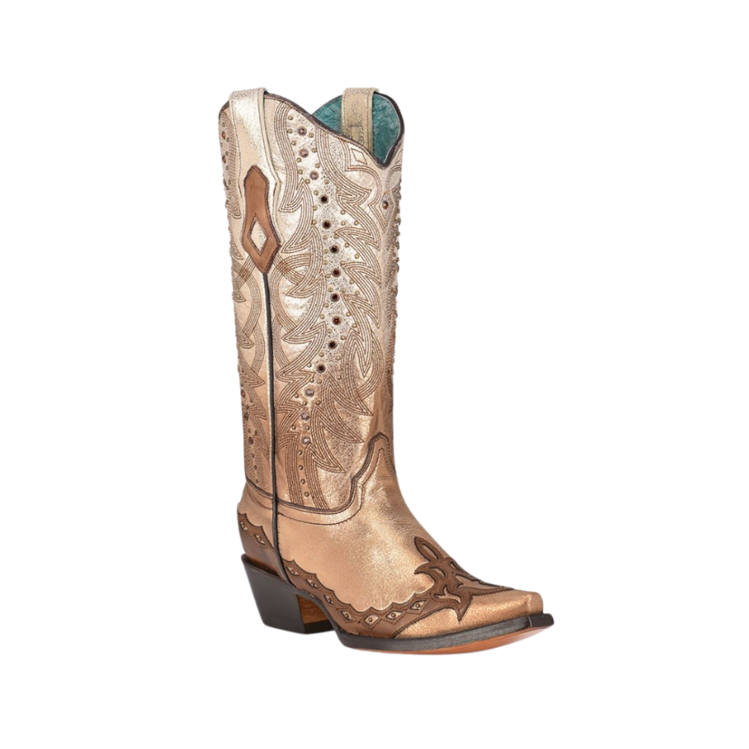 Corral Women's Faded Bone Overlay Embroidery Snip Brown Boots