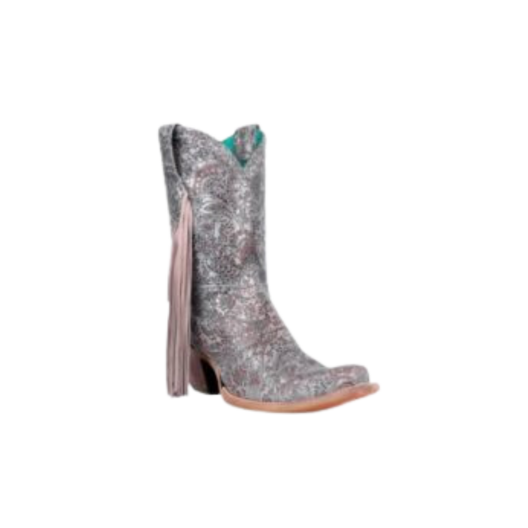 Corral Women's Stamped Floral Suede Studs & Fringe Ankle Silver Boots