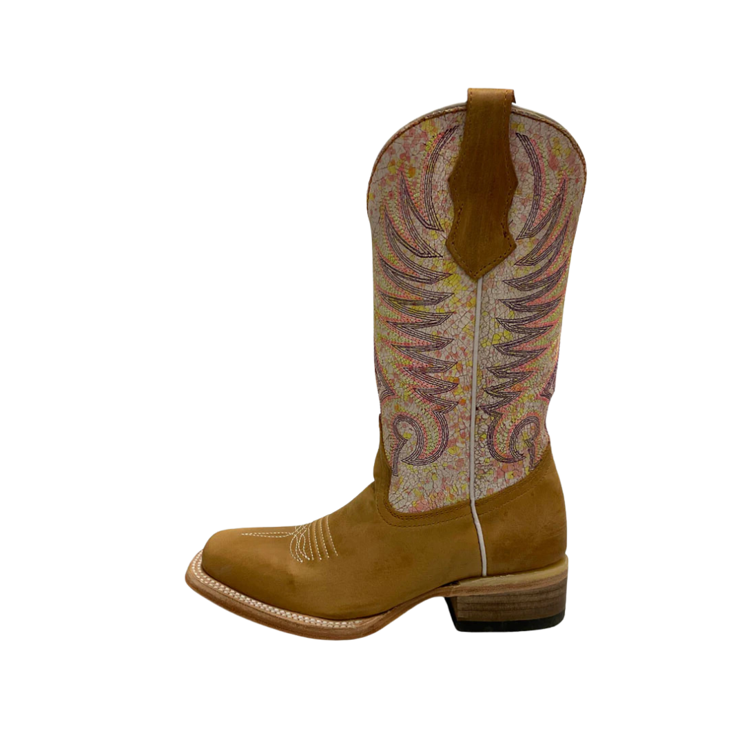 Corral Women's Circle G Teen Embroidery Square Toe Tan And White Boos