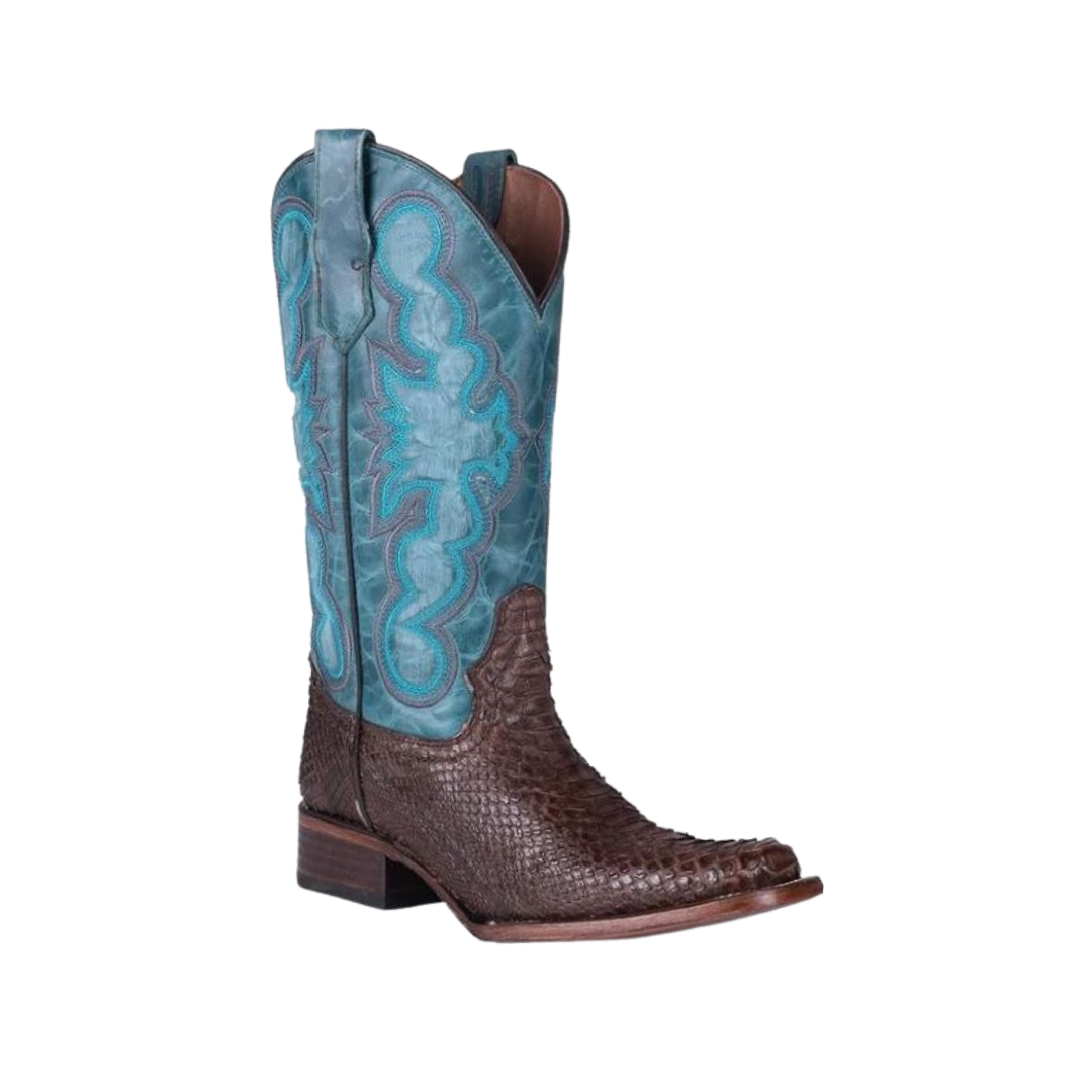 Corral Circle G Women's Python Embroidery Square Toe Chocolate Blue Boots