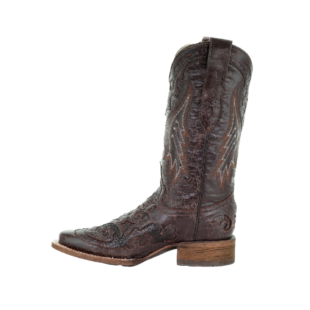 Corral Women's Chocolate Snake Inlay Square Brown Boots