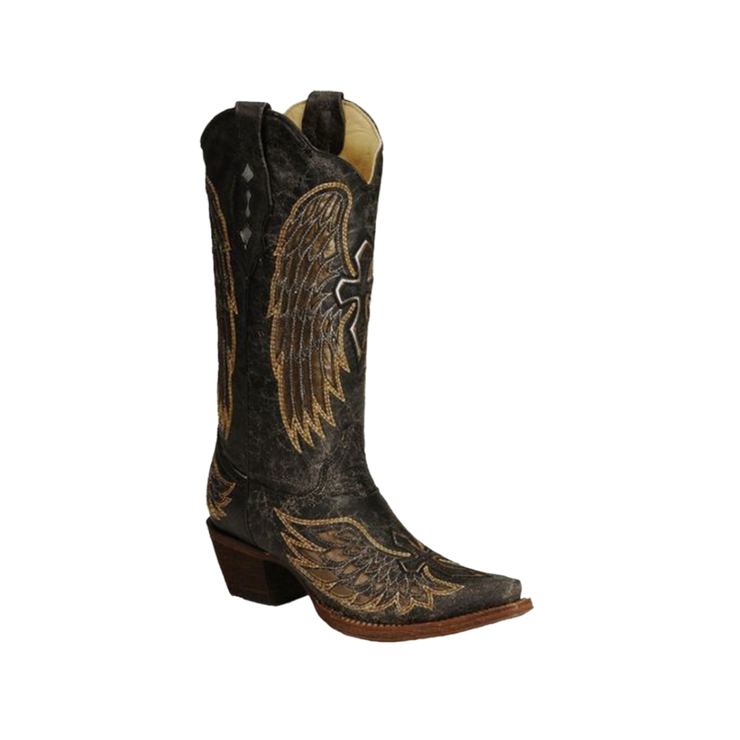 Corral Women's Gold Angel Wing Cross Black Boots