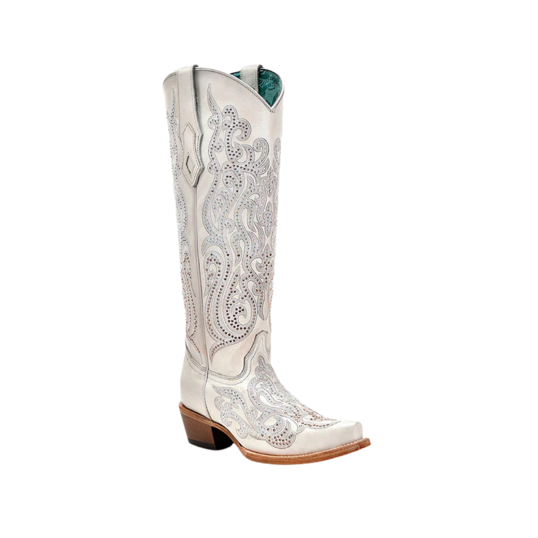 Corral Women's Cowboy Overlay With Crystals Tall Top Snip Toe White Boot