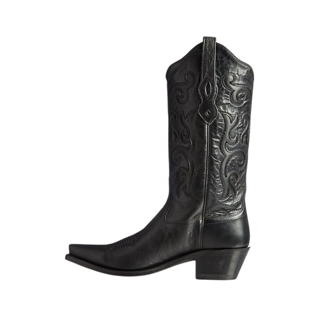 Old West Women's All Over Leather 12in Snip Stitch Black Boots