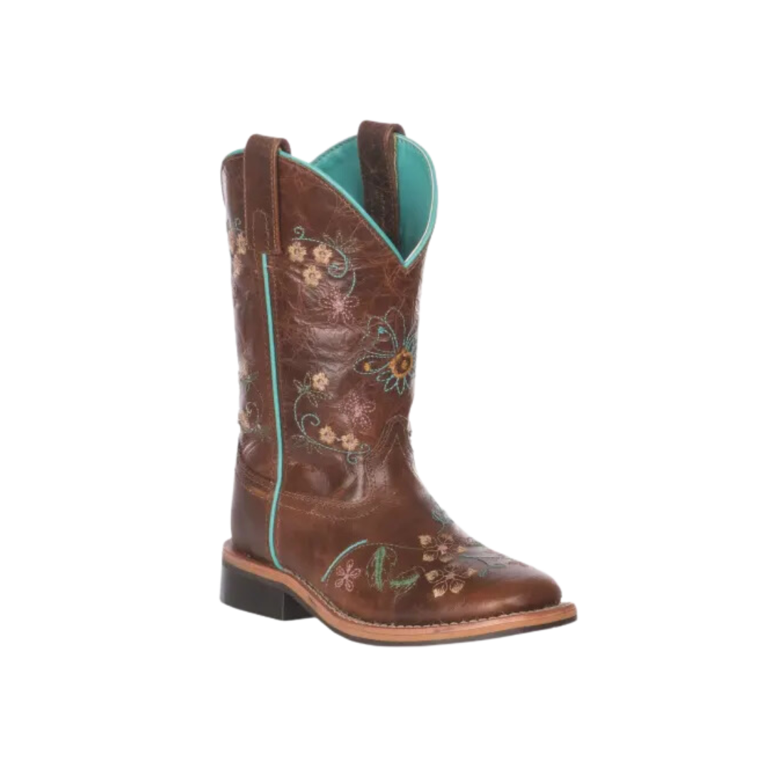 Smoky Mountain Kids Antique Tan with Floral Embroidery Leather Square Toe Boots