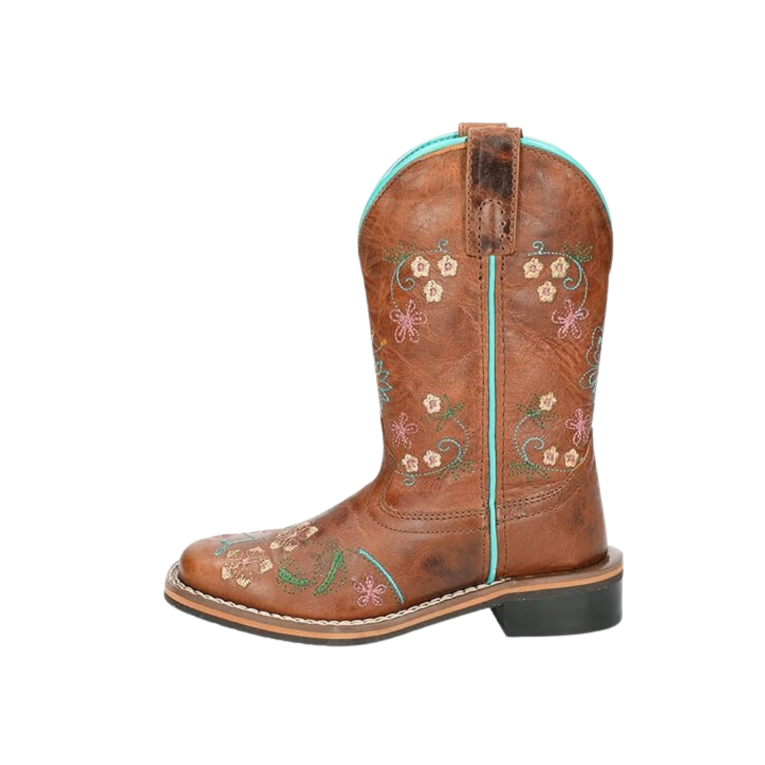 Smoky Mountain Kids Antique Tan with Floral Embroidery Leather Square Toe Boots