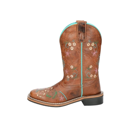 Smoky Mountain Kids Antique Tan with Floral Embroidery Leather Square Toe Boots