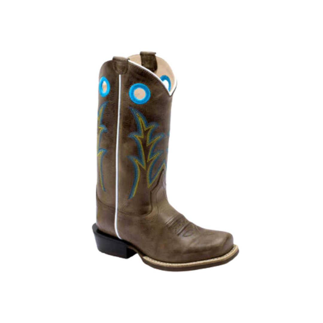 Old West Kid's Western Stitching Western Brown With Yellow And Blue Boots