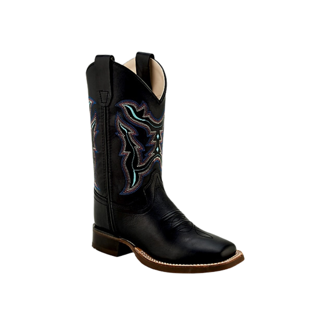 Old West Kid's Leather Square Toe Western Black Boots
