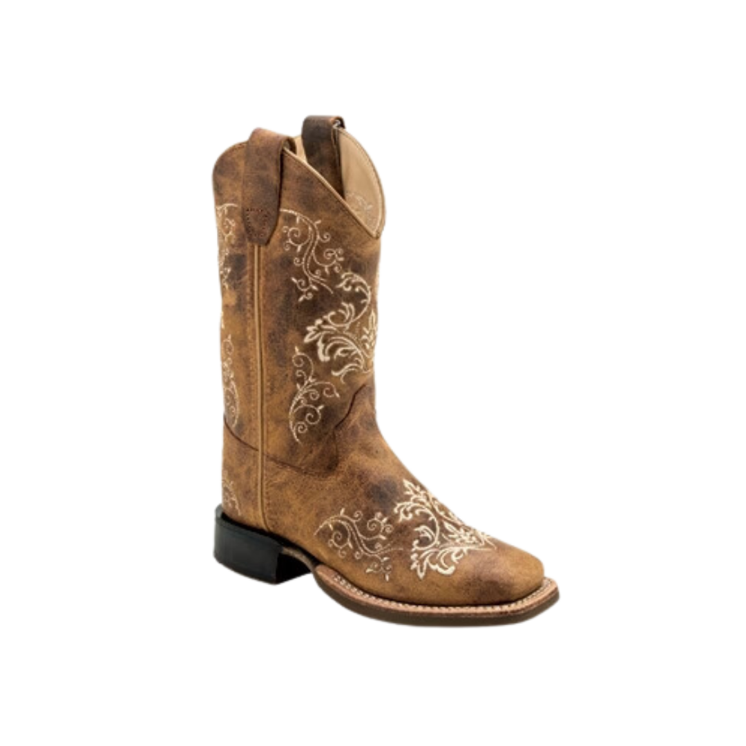 Old West Youth Girl's With Floral Embroidery Brown Boots