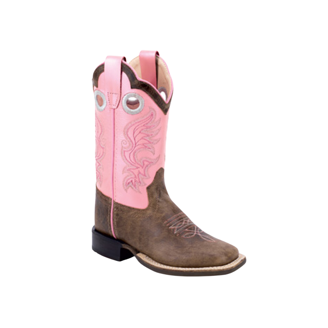 Old West Kid's Square Toe Shaft Western Pink Brown Boots
