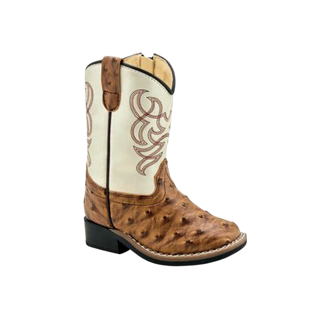 Old West Kid's Western Zipper Leatherette Brown White Boots