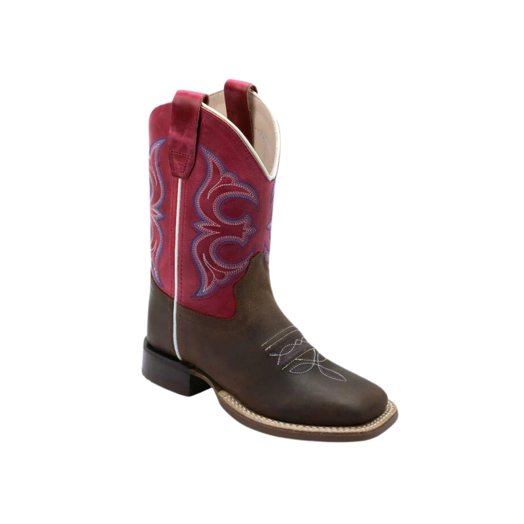 Old West Youth Broad Square Toe Brown Fuchsia Waxy Leather Cowboy Boots