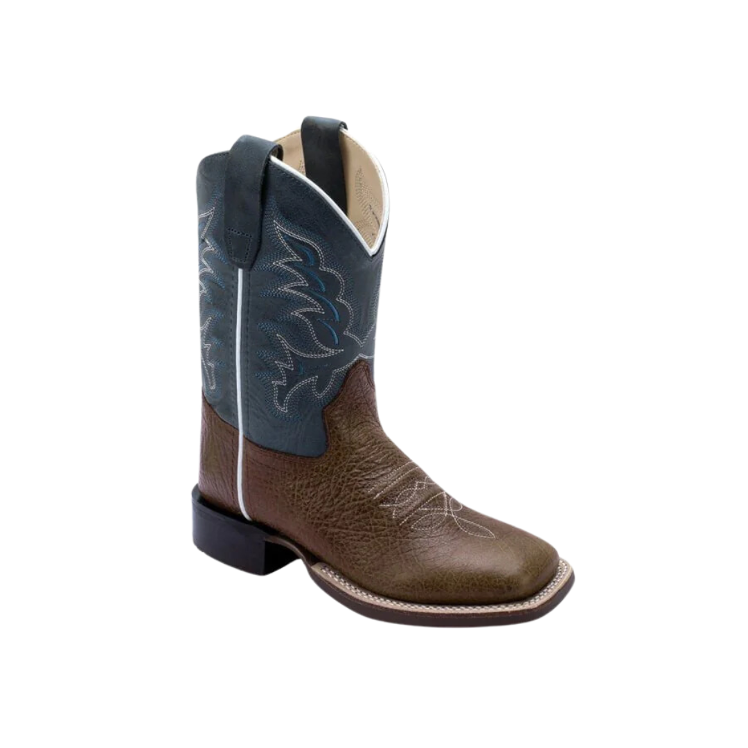 Old West Youth Unisex Broad Square Toe Brown Pillow Blue Leather Boots