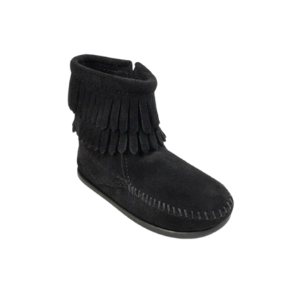 Minnetonka Youth Unisex Double Fringe Side Zip Black Boots
