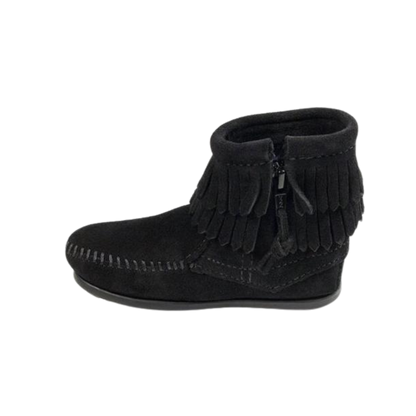 Minnetonka Youth Unisex Double Fringe Side Zip Black Boots