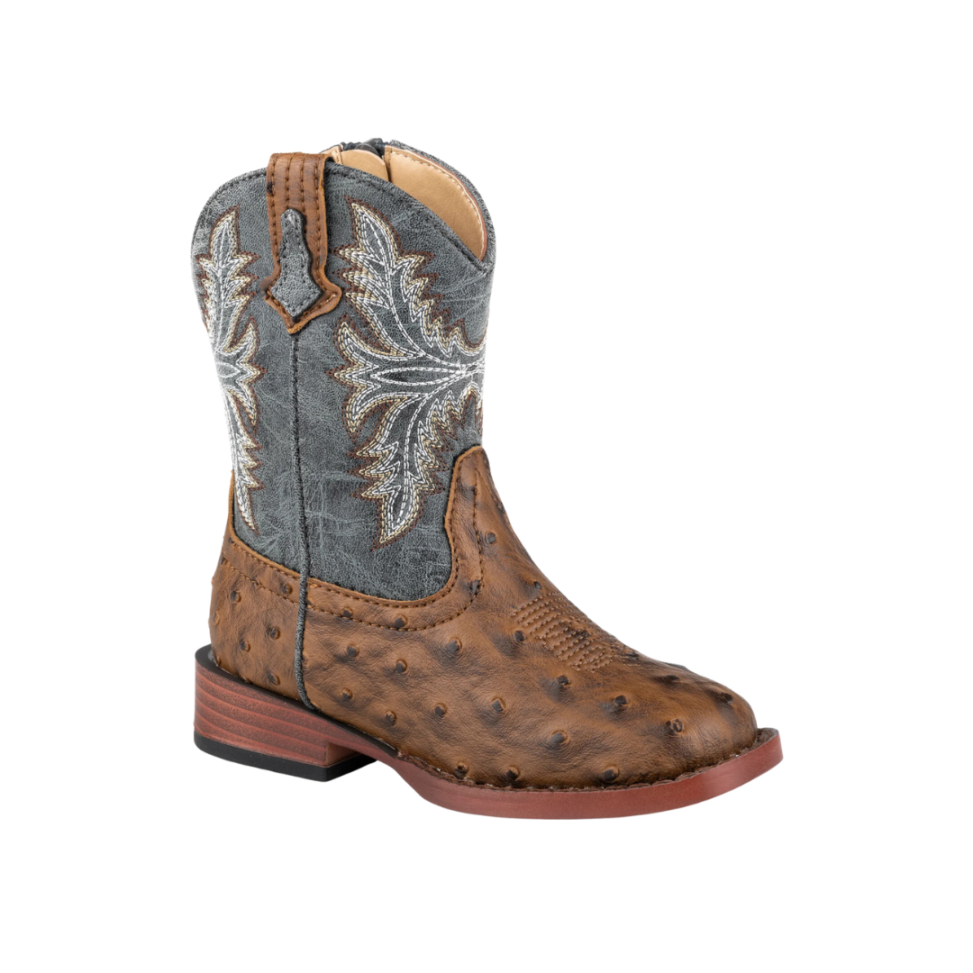 Roper Footwear Boy's Brown Vamp Navy Shaft Ostrich Print Boot