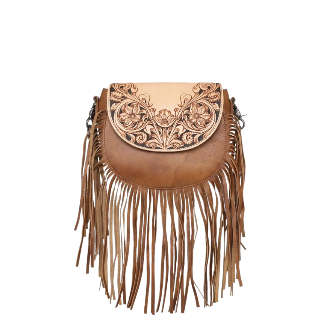 Montana West Women's Leather Tooled Fringe Brown Crossbody
