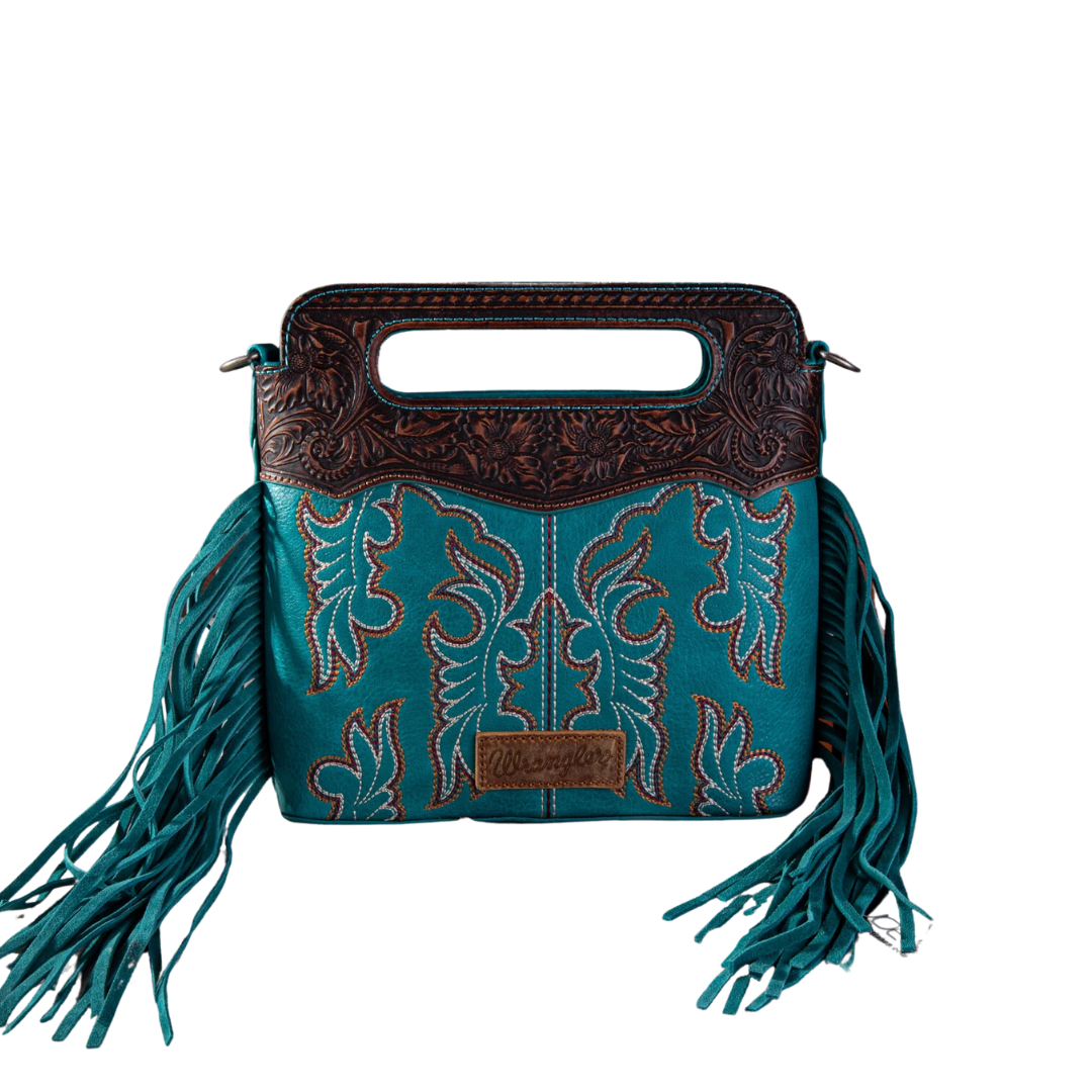 Wrangler Women's Top Handle Embroidered Fringe Turquoise Mini Tote Crossbody