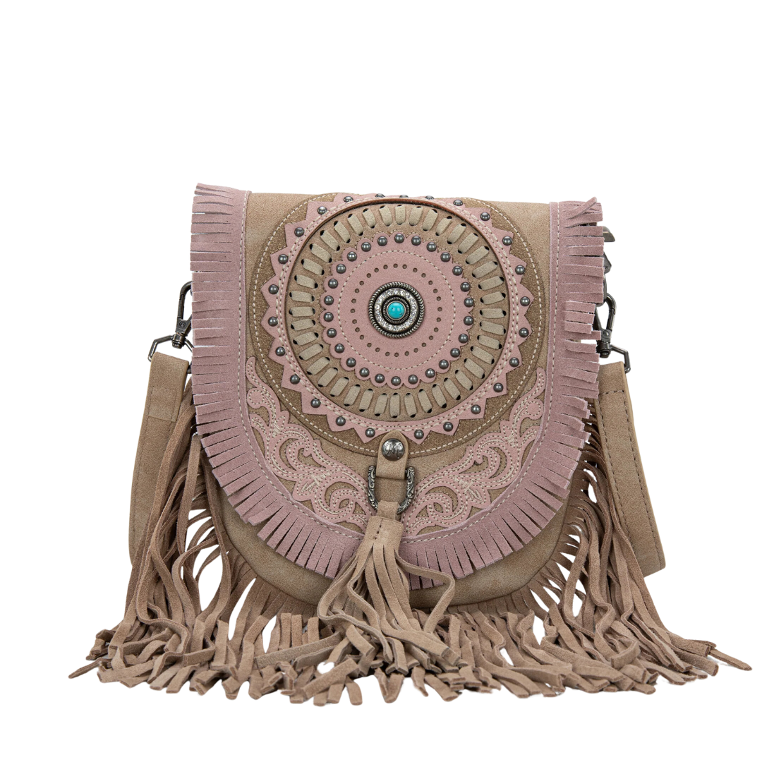 Montana West Women's Concho Fringe Saddle Khaki Crossbody